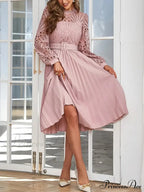 Pink Lace Pleated Party Dress With Belt