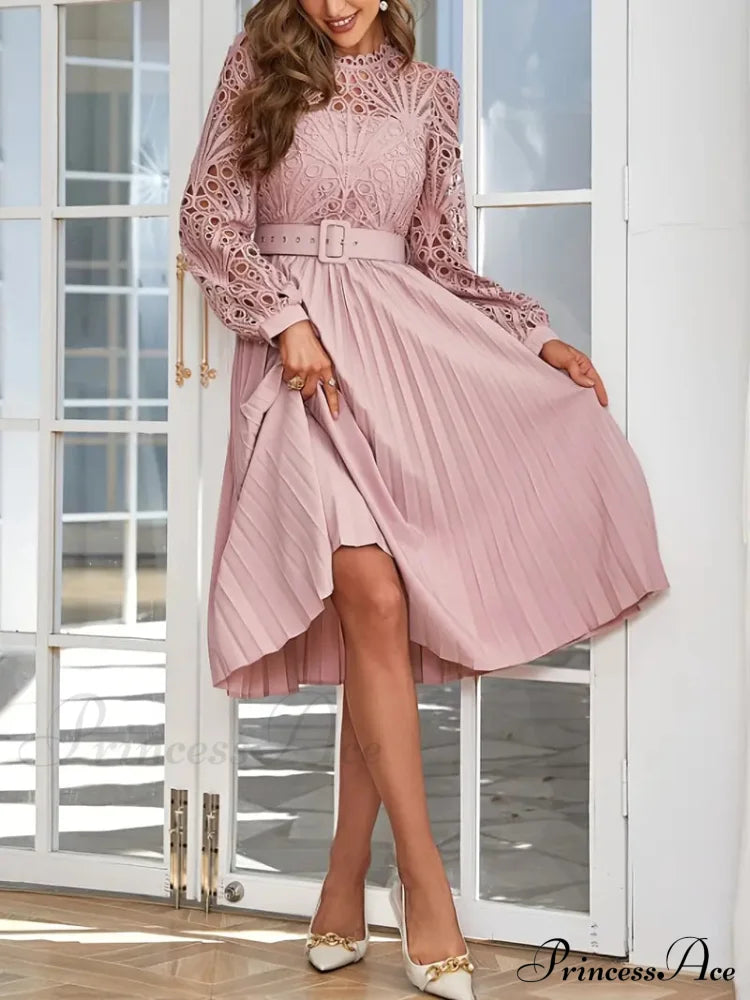 Pink Lace Pleated Party Dress With Belt