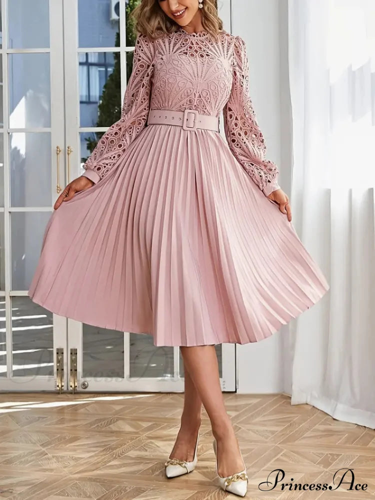 Pink Lace Pleated Party Dress With Belt