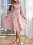 Pink Lace Pleated Party Dress With Belt