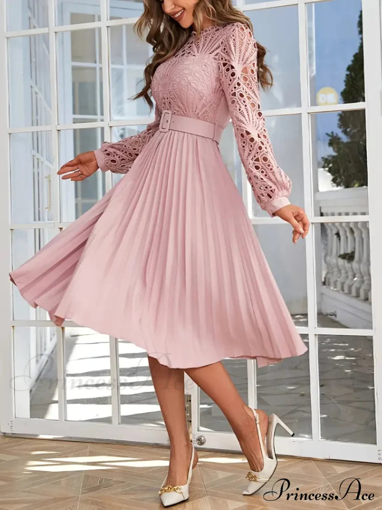 Pink Lace Pleated Party Dress With Belt