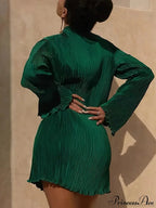 Pink Lettuce Trim Textured Dress With Long Sleeves