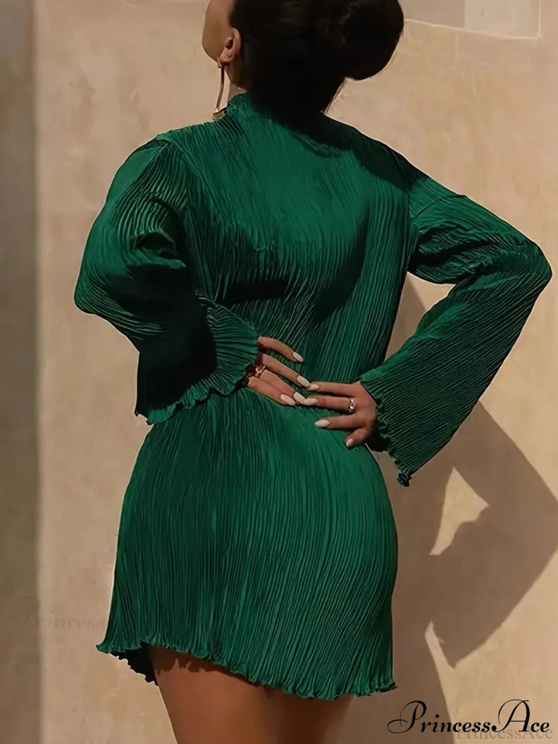 Pink Lettuce Trim Textured Dress With Long Sleeves