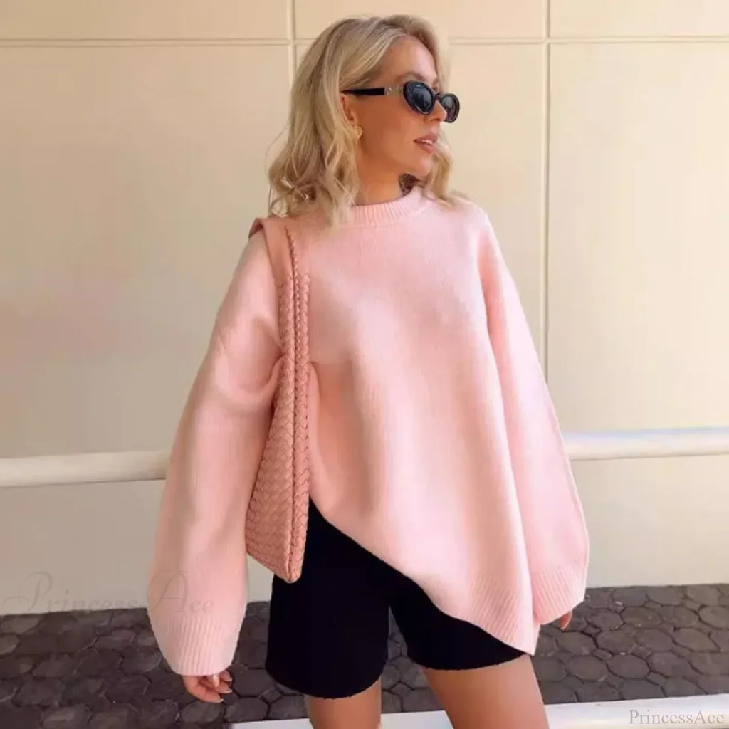 Pink O-Neck Loose Casual Pullover Sweater