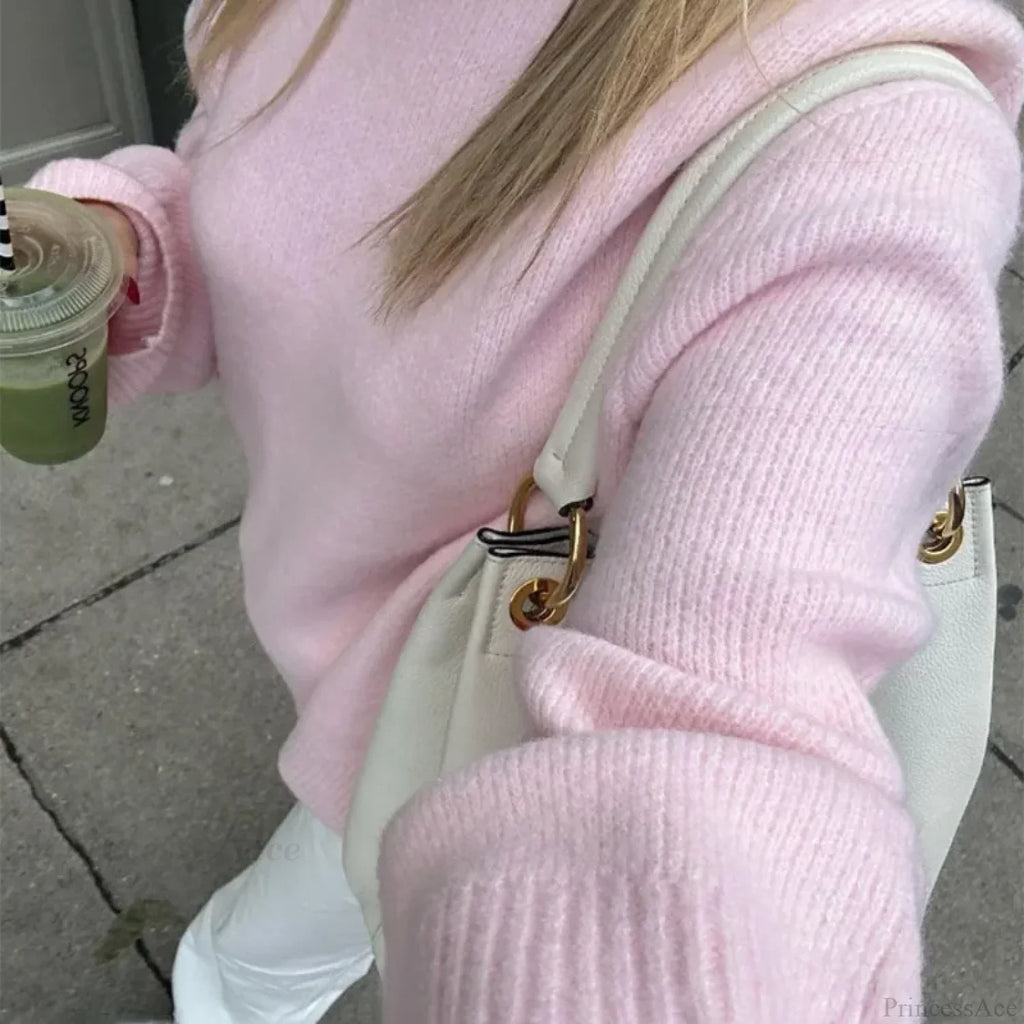 Pink O-Neck Loose Casual Pullover Sweater
