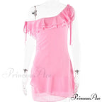 Pink Ruffled Stylish Shoulder Mini Dress
