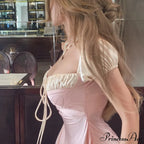 Pink Satin Ruched Charming Contrast Sleeve Dress