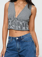 Plaid Bow Ruffle Hem Deep V-Neck Crop Top