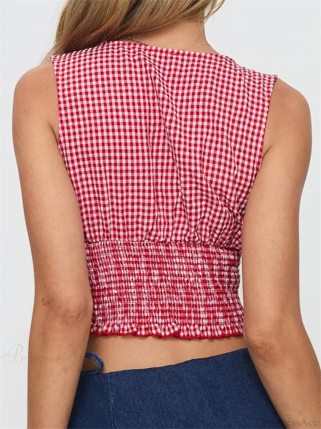 Plaid Bow Ruffle Hem Deep V-Neck Crop Top