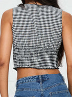 Plaid Bow Ruffle Hem Deep V-Neck Crop Top