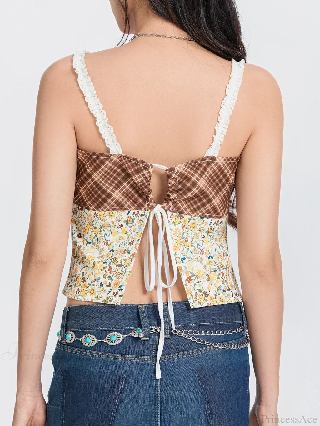 Plaid Floral Patchwork Bow Tie-Up Backless Crop Top