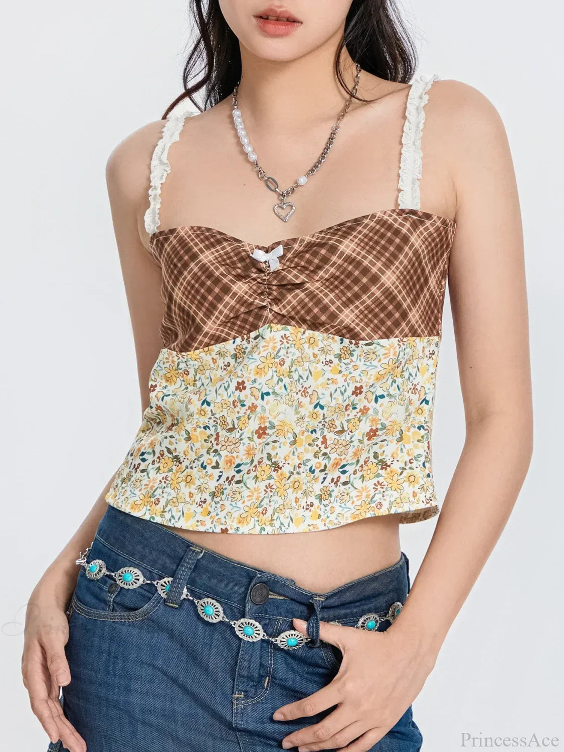 Plaid Floral Patchwork Bow Tie-Up Backless Crop Top