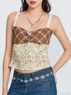 Plaid Floral Patchwork Bow Tie-Up Backless Crop Top