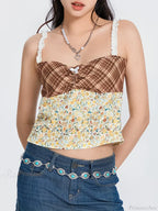 Plaid Floral Patchwork Bow Tie-Up Backless Crop Top