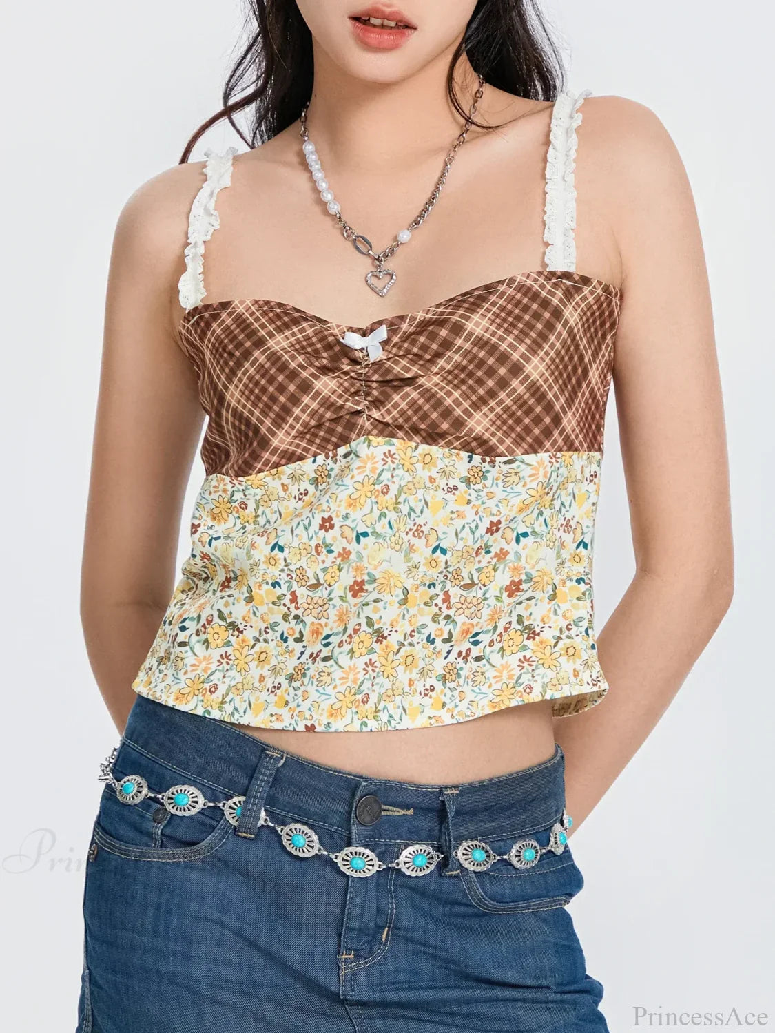 Plaid Floral Patchwork Bow Tie-Up Backless Crop Top
