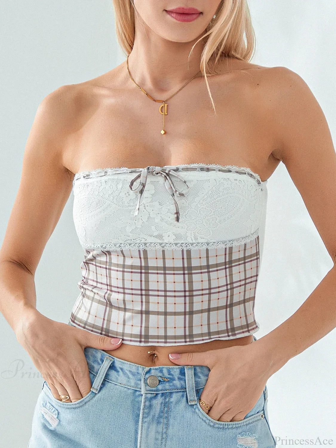 Plaid Lace Patchwork Off-Shoulder Strapless Tube Top