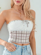 Plaid Lace Patchwork Off-Shoulder Strapless Tube Top