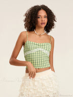 Plaid Lace Patchwork Spaghetti Strap Low-Cut Crop Top