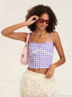 Plaid Lace Patchwork Spaghetti Strap Low-Cut Crop Top