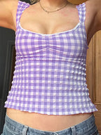 Plaid Low-Cut Lace Backless Strap Tank Crop Top