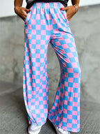 Plaid Print Wide Leg Elastic Waist Casual Pant