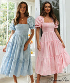 Plaid Puff Stylish Sleeve Midi Dress