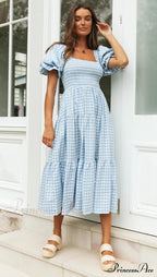 Plaid Puff Stylish Sleeve Midi Dress