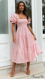 Plaid Puff Stylish Sleeve Midi Dress