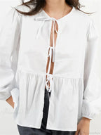 Plaid Stripe Front Tie-Up Long Sleeve Blouse