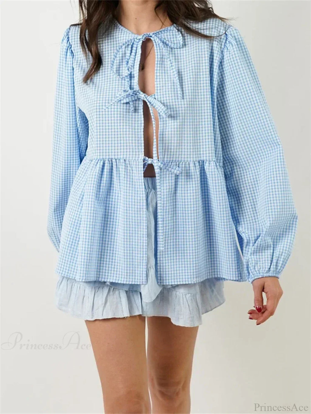 Plaid Stripe Front Tie-Up Long Sleeve Blouse