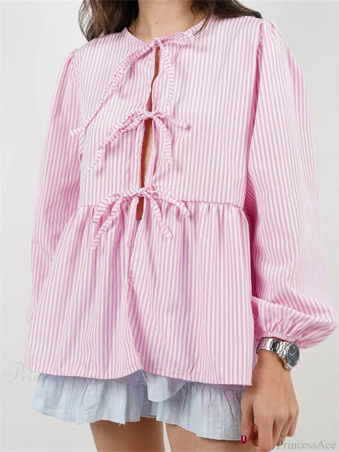 Plaid Stripe Front Tie-Up Long Sleeve Blouse