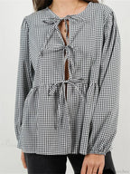 Plaid Stripe Front Tie-Up Long Sleeve Blouse