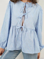 Plaid Stripe Front Tie-Up Long Sleeve Blouse