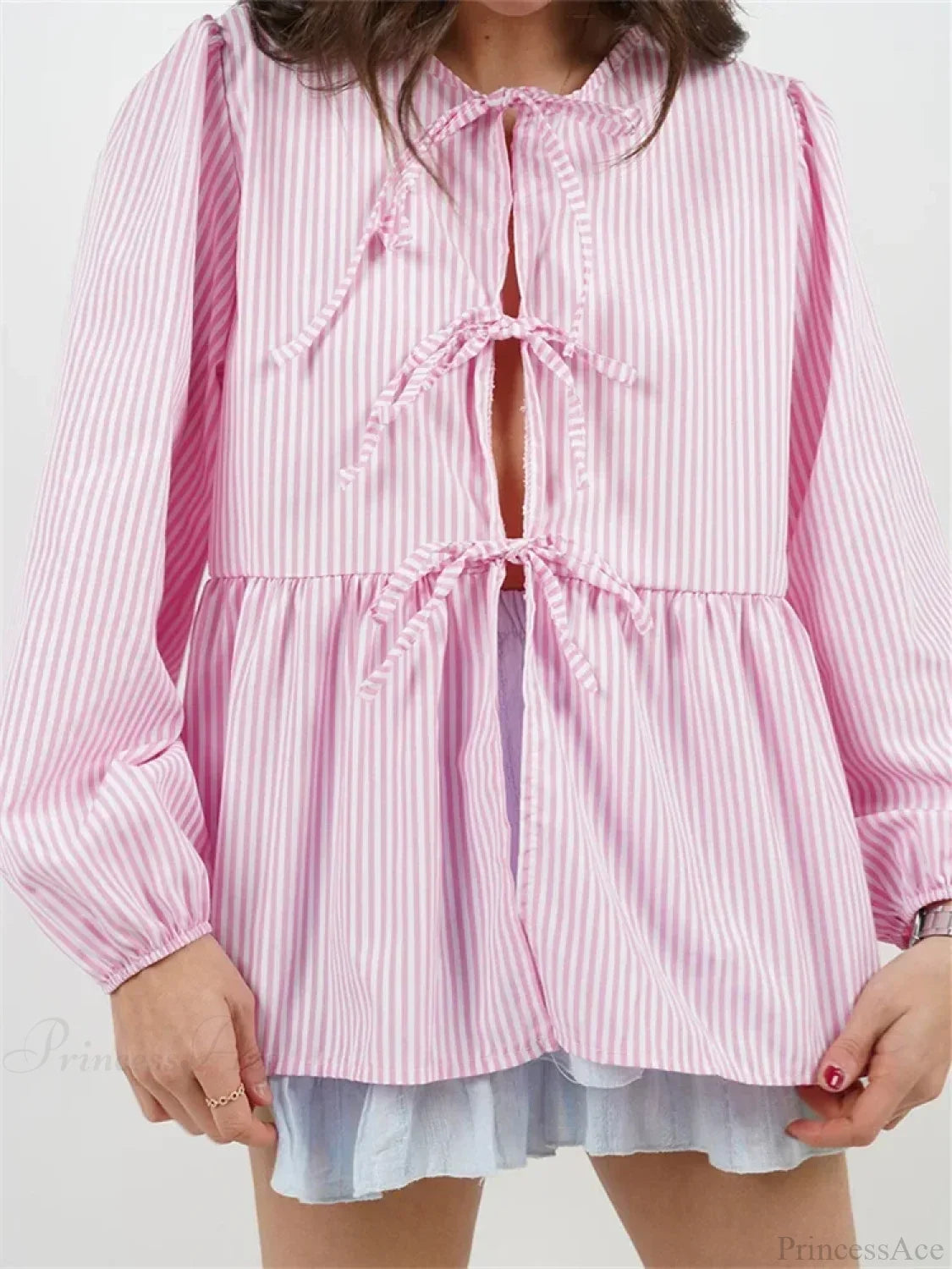 Plaid Stripe Front Tie-Up Long Sleeve Blouse