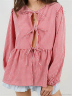 Plaid Stripe Front Tie-Up Long Sleeve Blouse