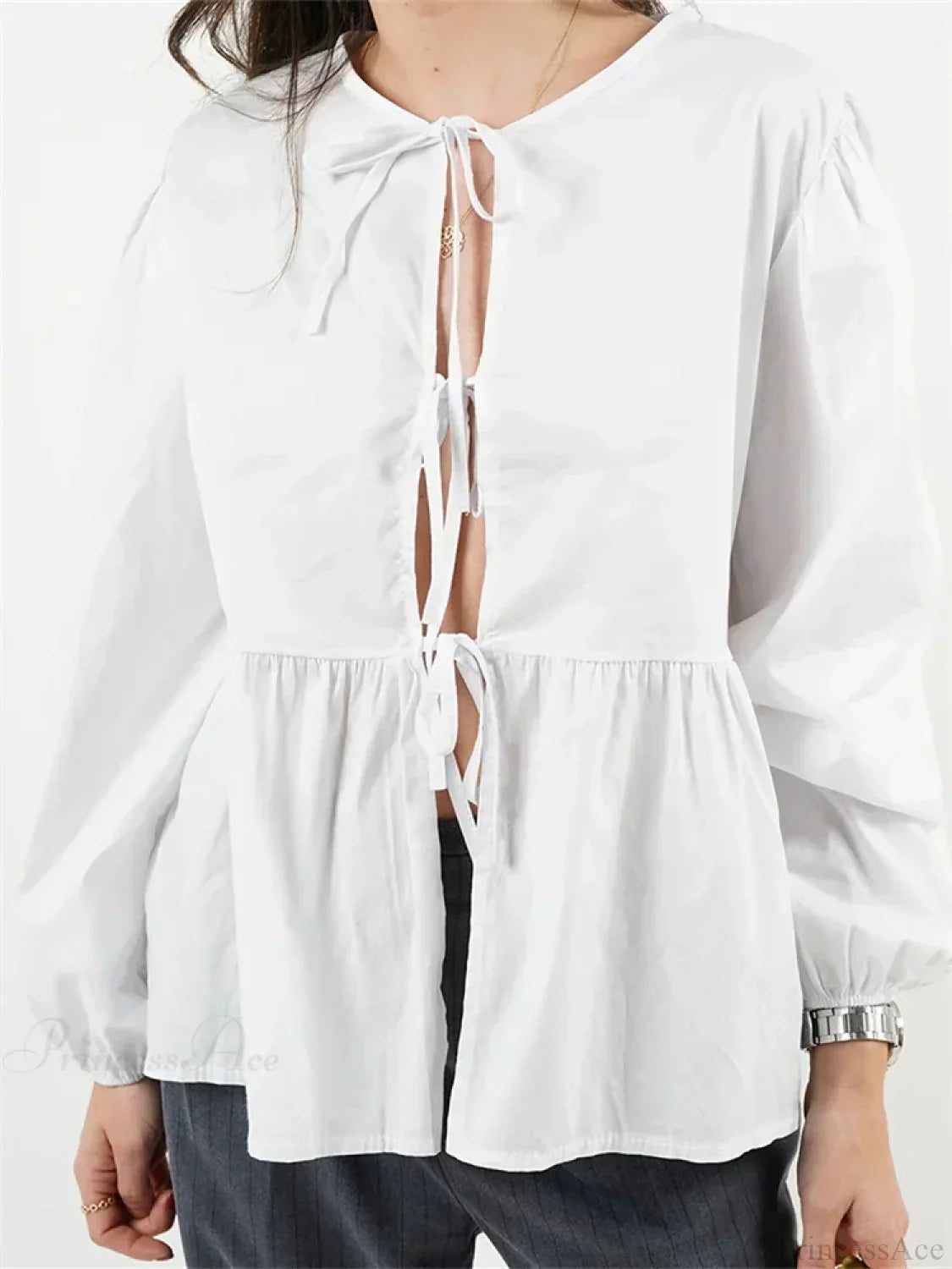 Plaid Stripe Front Tie-Up Long Sleeve Blouse