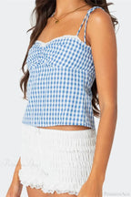Plaid Tie-Up Backless Ruched V-Neck Crop Top