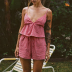 Plaid V Neck Backless Tie-Up Camis Elastic Waist Shorts Two Pieces Set