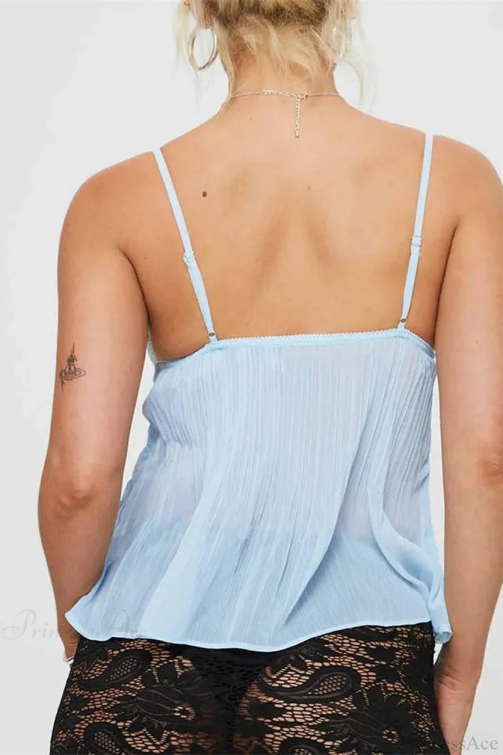 Pleated Bowknot Lace See-Through Crop Top