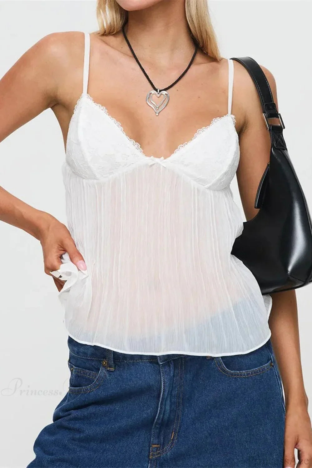 Pleated Bowknot Lace See-Through Crop Top