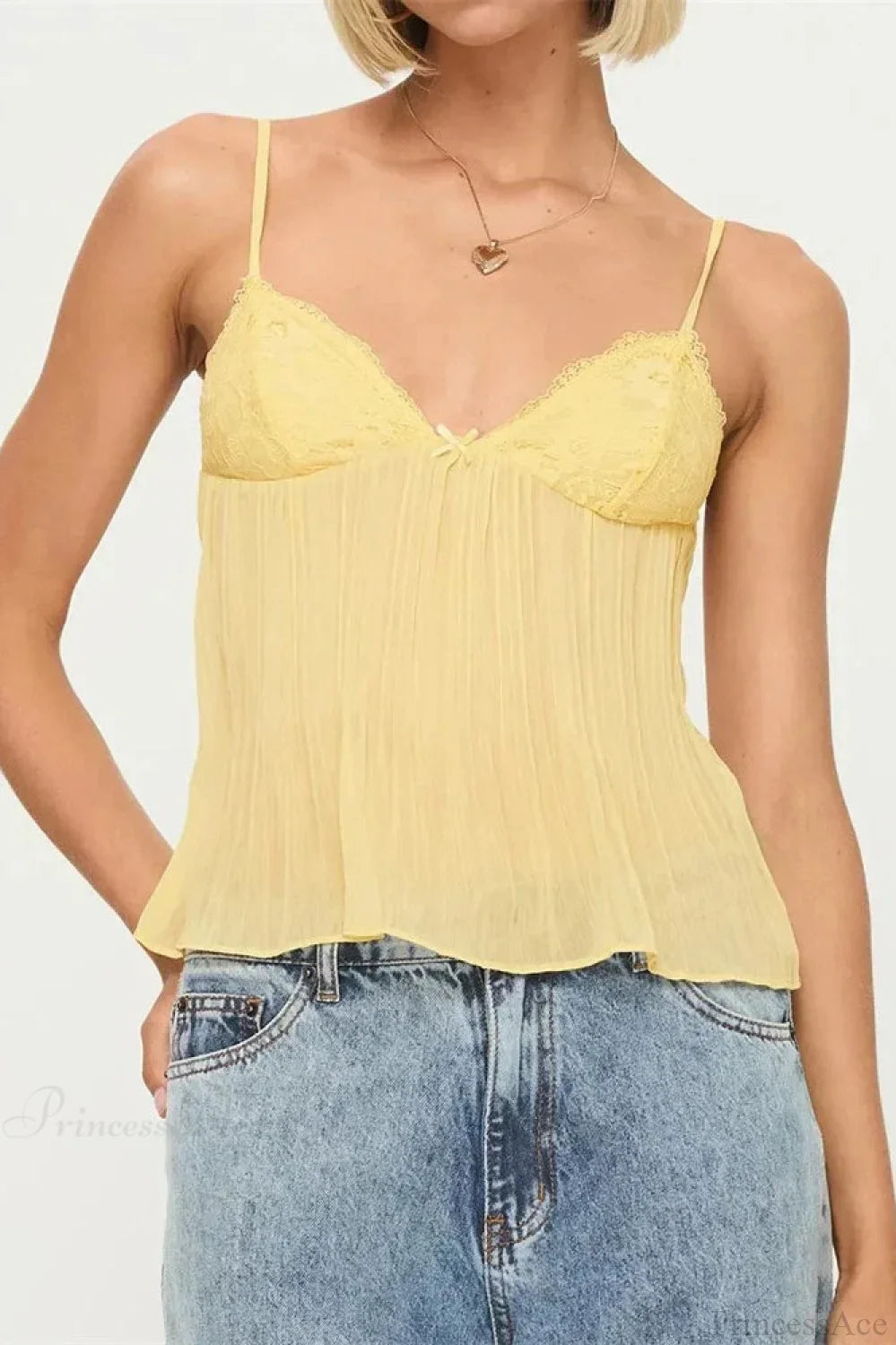 Pleated Bowknot Lace See-Through Crop Top