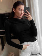 Pleated Color Sleeve Long Solid Slim Fit Neck Round T-Shirt