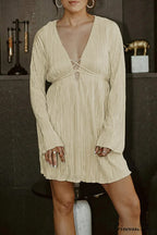 Pleated Flares Sleeve Mini Dress With Tie-Up