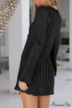 Pleated Flares Sleeve Mini Dress With Tie-Up