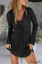 Pleated Flares Sleeve Mini Dress With Tie-Up