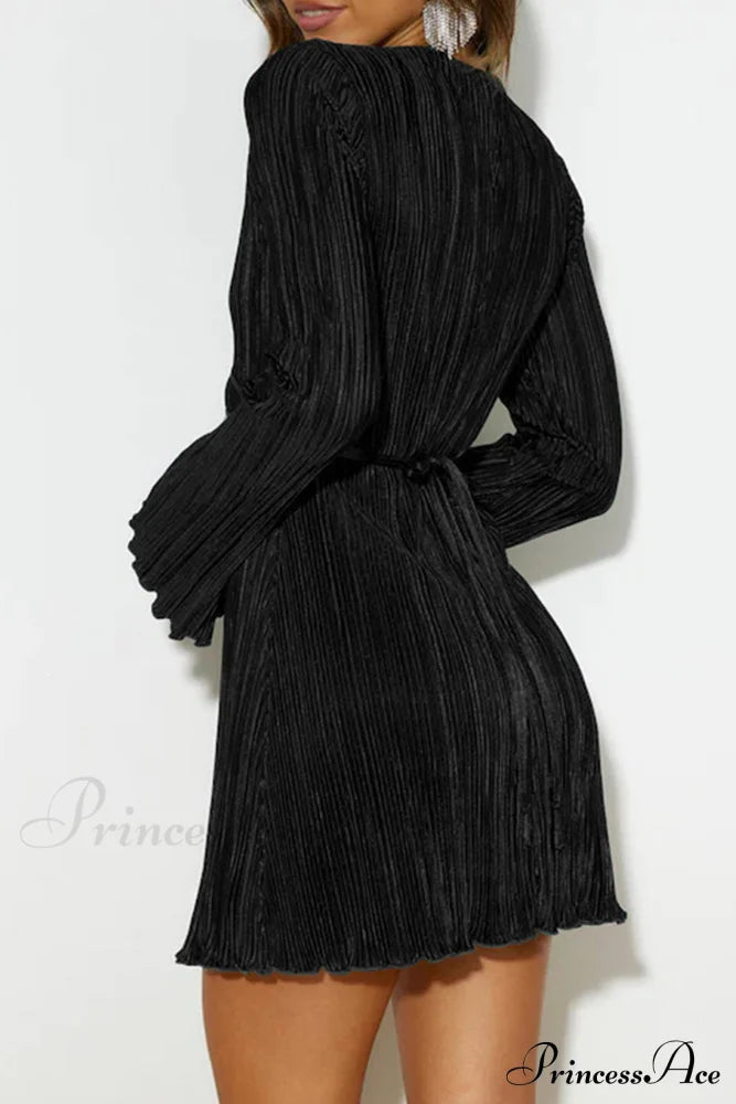 Pleated Flares Sleeve Mini Dress With Tie-Up