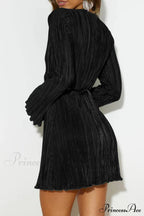 Pleated Flares Sleeve Mini Dress With Tie-Up