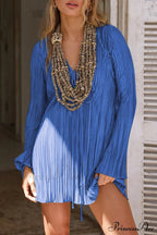 Pleated Flares Sleeve Mini Dress With Tie-Up