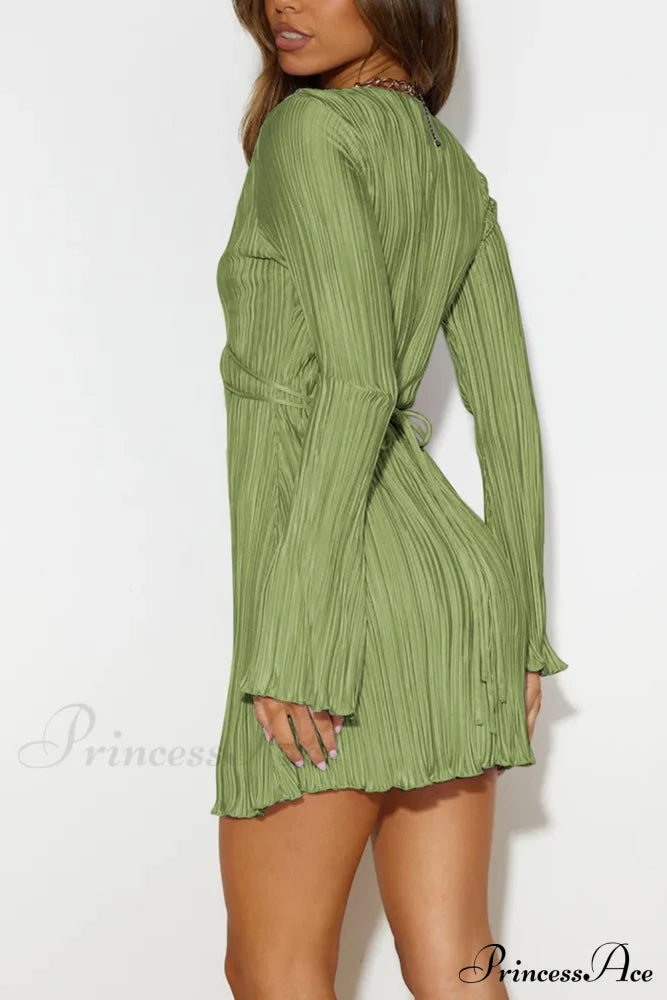 Pleated Flares Sleeve Mini Dress With Tie-Up