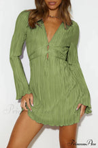 Pleated Flares Sleeve Mini Dress With Tie-Up